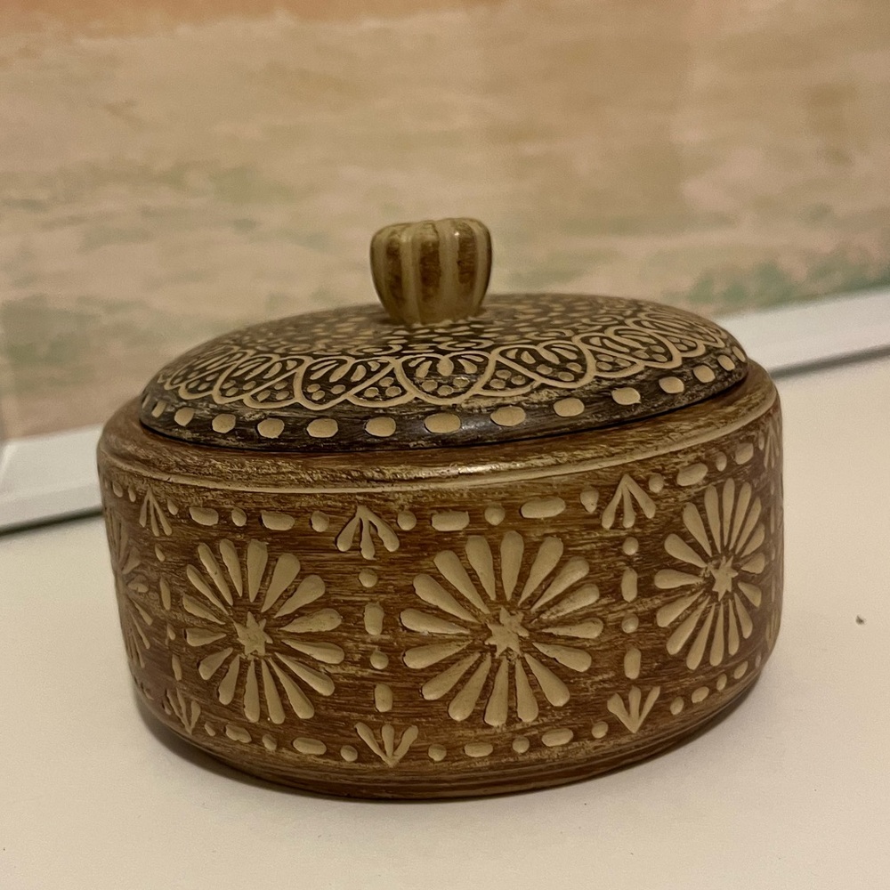 Boho Etched Wood Jewelry Box/Catch All Dish with Lid
